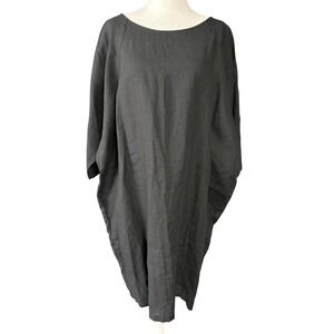 MagicLinen Womens XL Gray 100% Linen Kaftan Dress Boat Neck Pockets
